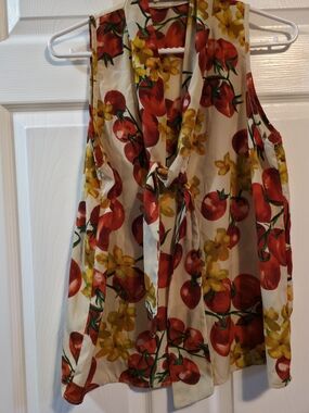 4/$67 Deal! Everly Cream Tie-Neck Blouse with Red and Yellow Print